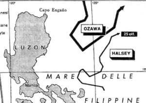 La terza Flotta di Halsey si dirige a nord per intercettare Ozawa. Lo stretto di San Bernardino resta praticamente indifeso.